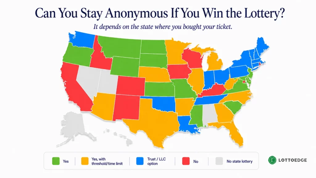Color coded US map indicating state where lottery winners can remain anonymous.