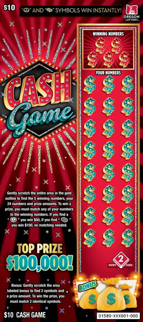 Oregon Lottery Cash Game Scratcher Ticket