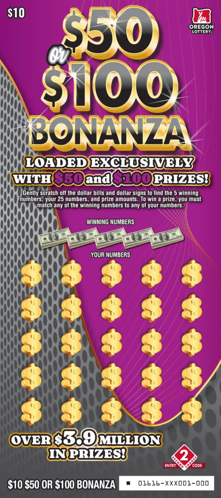 Oregon Lottery $50 or $100 Bonanza Scratcher Ticket