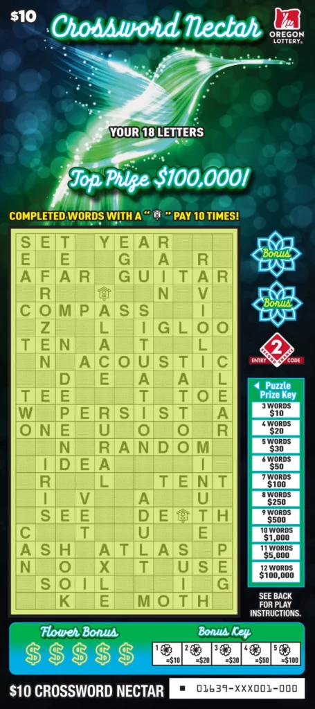 Oregon Lottery Crossword Nectar Scratcher Ticket