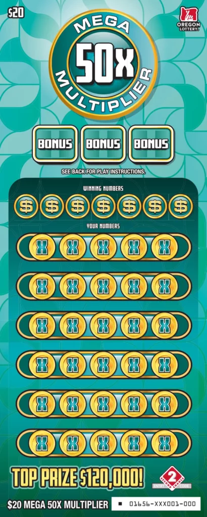 Oregon Lottery Mega 50X Multiplier Scratcher Ticket