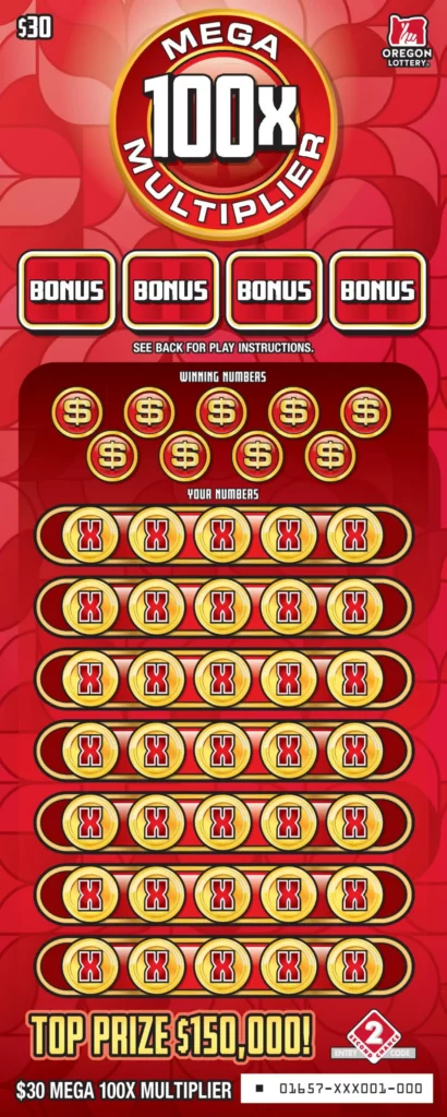 Oregon Lottery Mega 100X Multiplier Scratcher Ticket