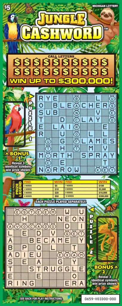 Michigan Lottery Jungle Cashword Scratch-Off Ticket