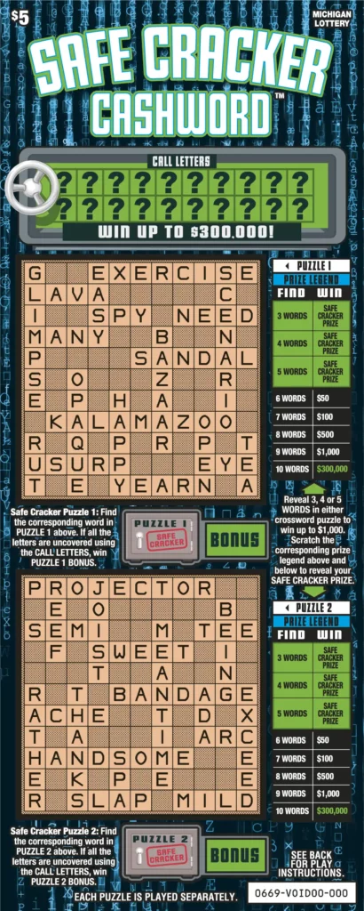 Michigan Lottery Safe Cracker Cashword Scratch-Off Ticket