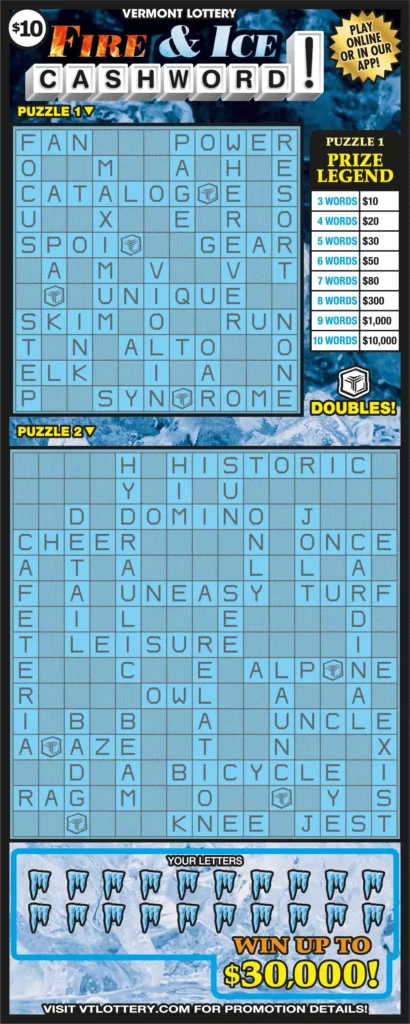 Vermont Lottery FIRE & ICE CASHWORD! Scratch-Off Game
