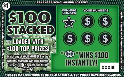 Arkansas Lottery $100 Stacked Scratch-Off Ticket