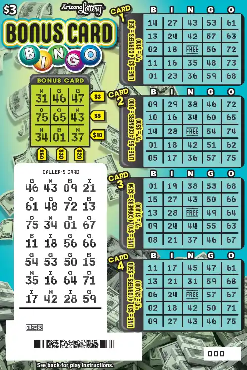 Arizona Lottery Bonus Card Bingo Scratcher Ticket