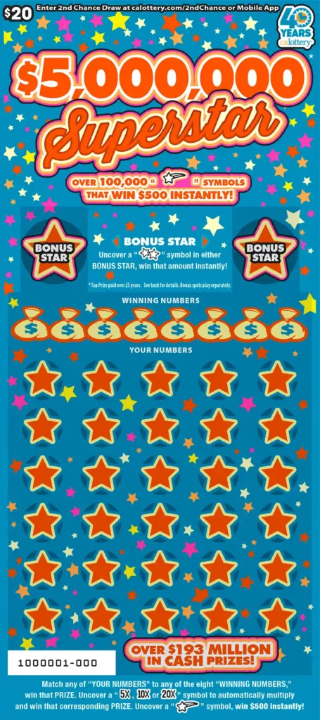 California Lottery $5,000,000 Superstar Scratcher Ticket