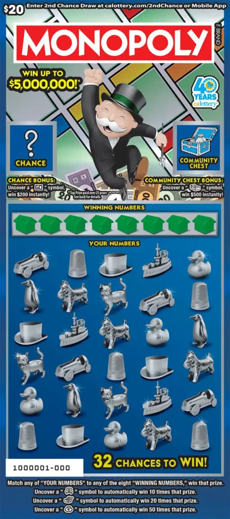California Lottery MONOPOLY Scratcher Ticket