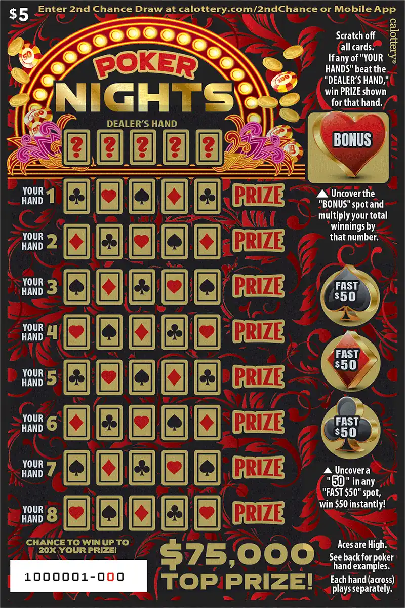 California Lottery Poker Nights Scratcher Ticket