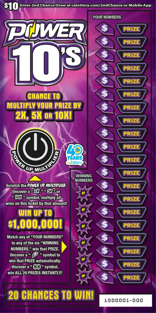 California Lottery Power 10's Scratcher Ticket