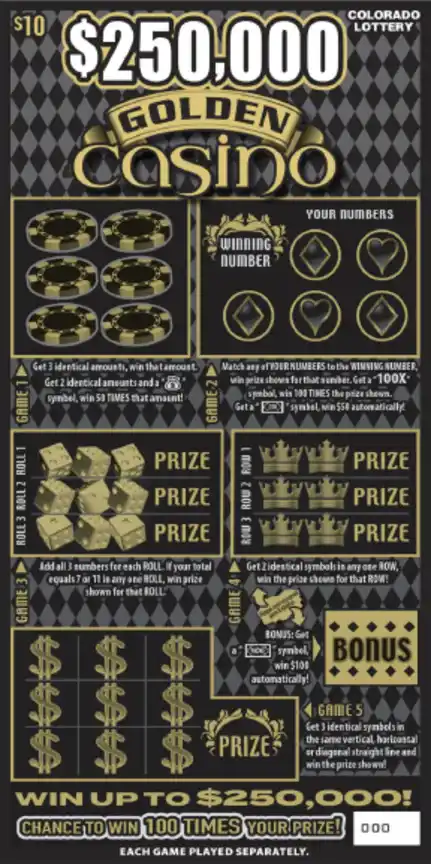 Colorado Lottery $250,000 Golden Casino Scratch-Off Game
