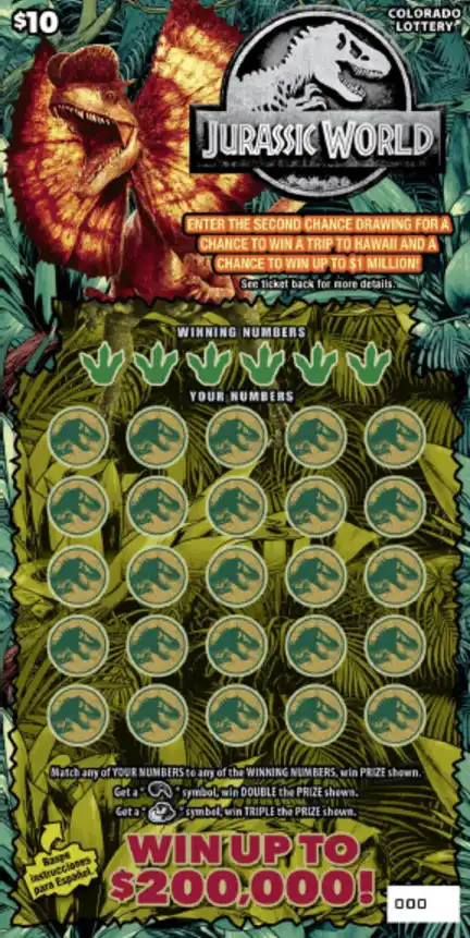 Colorado Lottery JURASSIC WORLD Scratch-Off Game