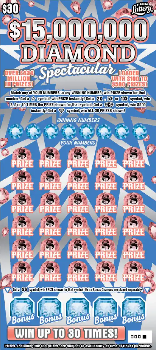 Florida Lottery $15MM DIAMOND SPECTACULAR Scratch-Off Ticket