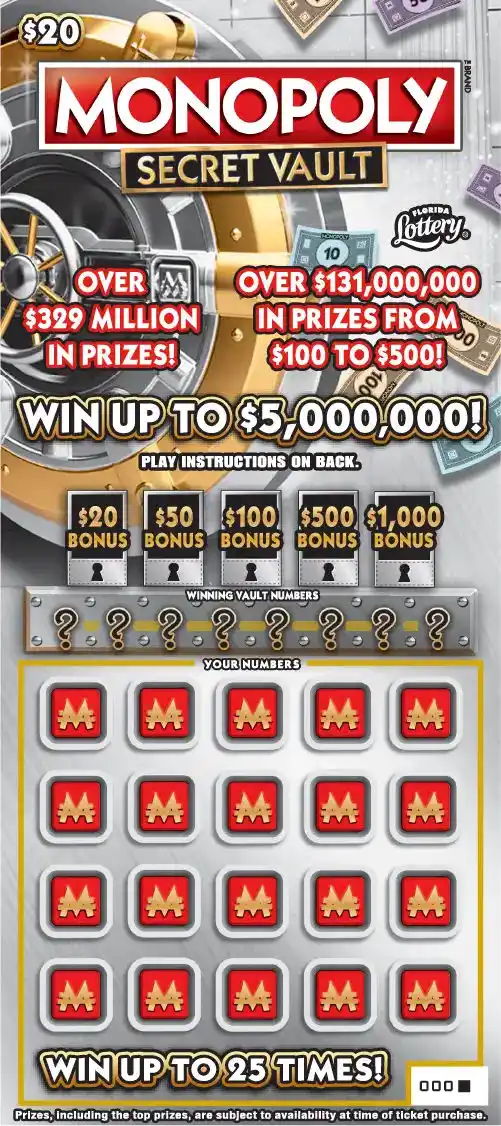 Florida Lottery $20 MONOPOLY&trade; SECRET VAULT Scratch-Off Ticket