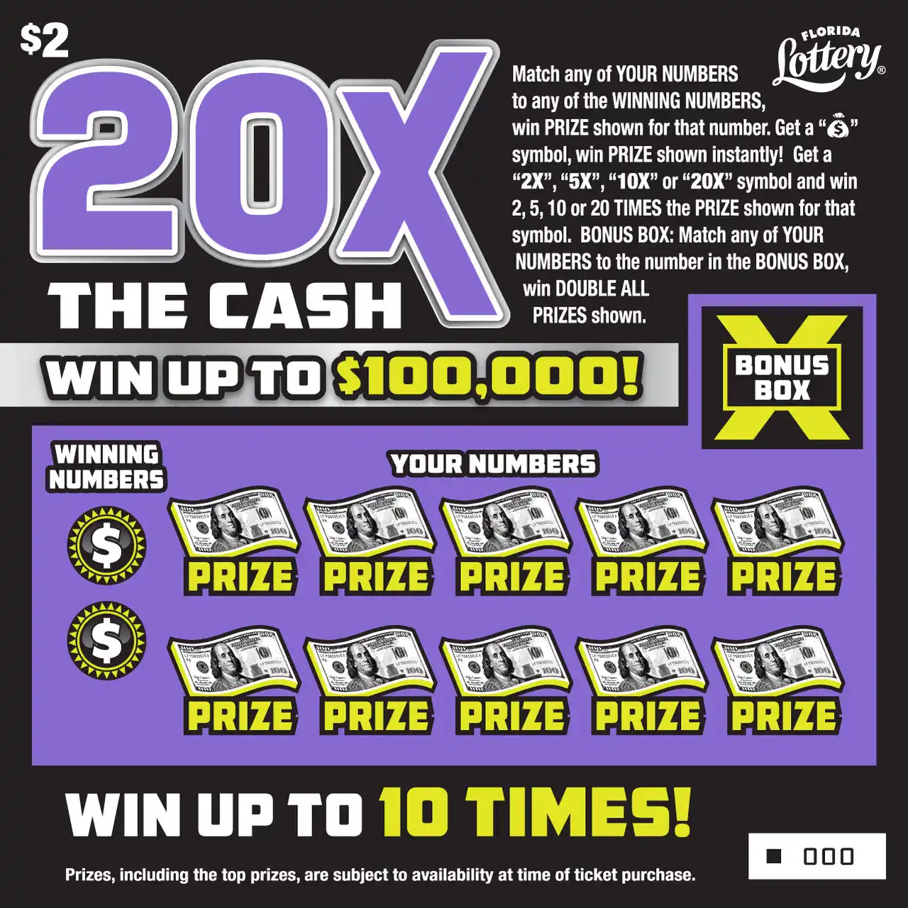 Florida Lottery 20X THE CASH Scratch-Off Ticket
