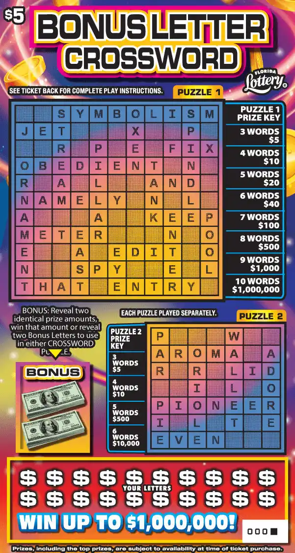 Florida Lottery BONUS LETTER CROSSWORD Scratch-Off Ticket