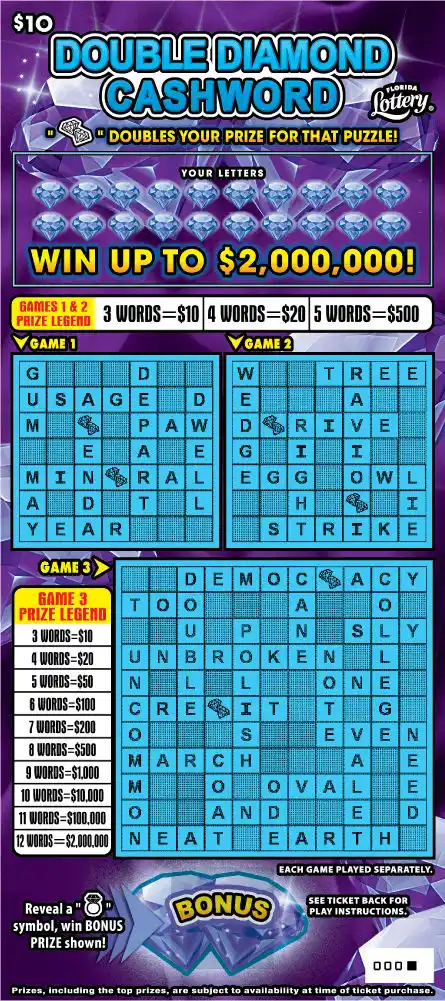 Florida Lottery DOUBLE DIAMOND CASHWORD Scratch-Off Ticket