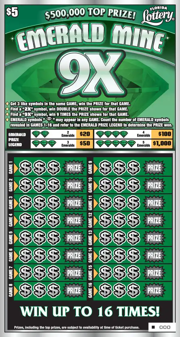 Florida Lottery EMERALD MINE 9X Scratch-Off Ticket