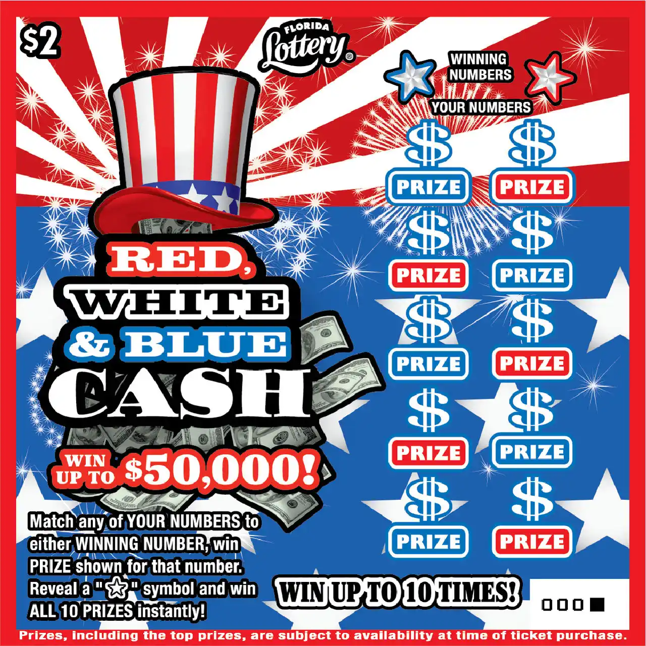 Florida Lottery RED, WHITE & BLUE CASH Scratch-Off Ticket