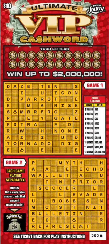 Florida Lottery ULTIMATE VIP CASHWORD Scratch-Off Ticket