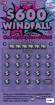 Georgia Lottery $600 WINDFALL Scratcher Game
