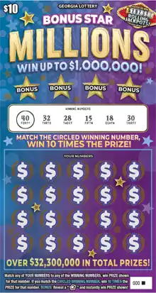 Georgia Lottery BONUS STAR MILLIONS Scratcher Game