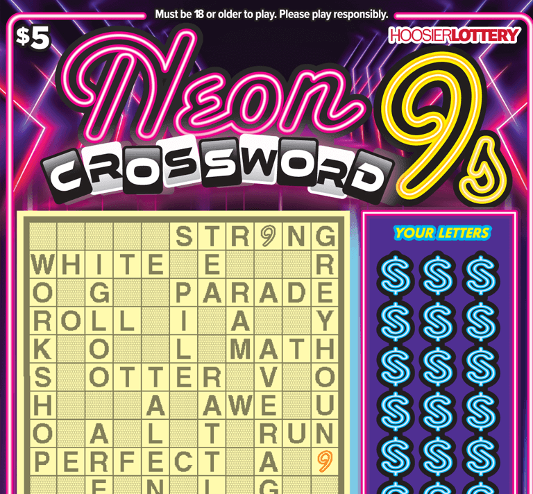 Hoosier Lottery NEON 9s CROSSWORD Scratch-Off Game