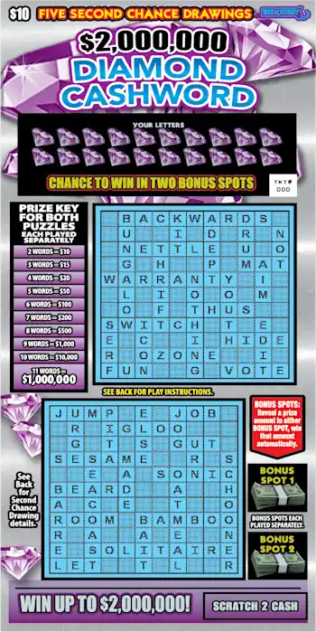 Massachusetts Lottery $2,000,000 DIAMOND CASHWORD Scratch-Off Ticket