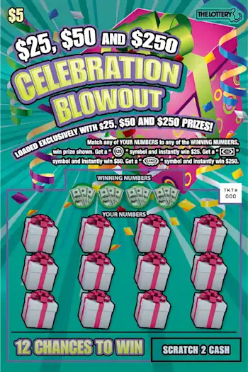 Massachusetts Lottery $25, $50 and $250 CELEBRATION BLOWOUT Scratch-Off Ticket
