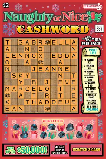 Massachusetts Lottery NAUGHTY OR NICE CASHWORD Scratch-Off Ticket