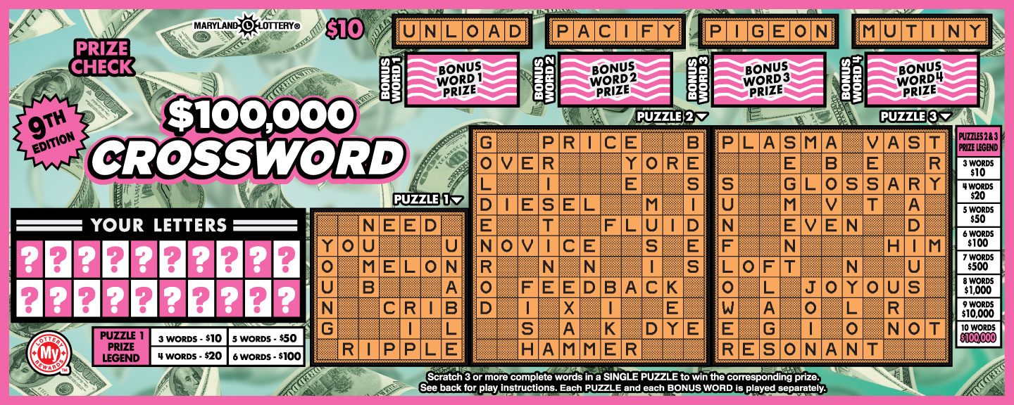 Maryland Lottery $100,000 Crossword Scratch-Off Ticket