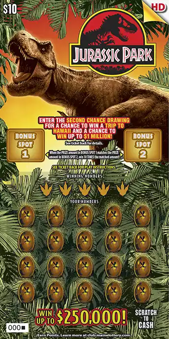 Maine Lottery JURASSIC PARK Scratch-Off Game