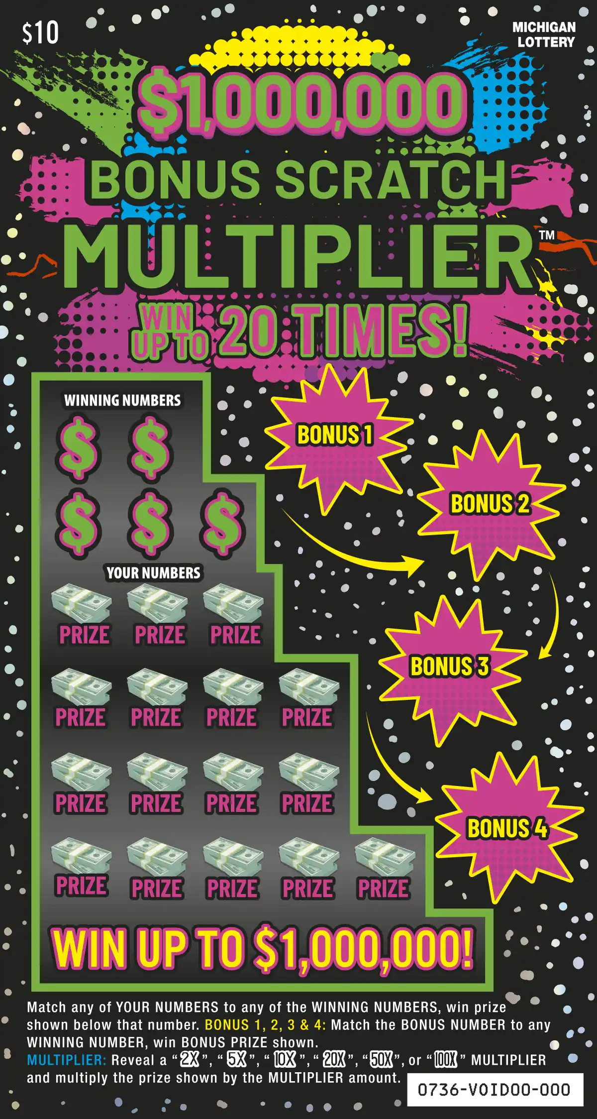 Michigan Lottery $1,000,000 Bonus Scratch Multiplier Scratch-Off Ticket