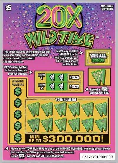 Michigan Lottery 20X Wild Time Scratch-Off Ticket