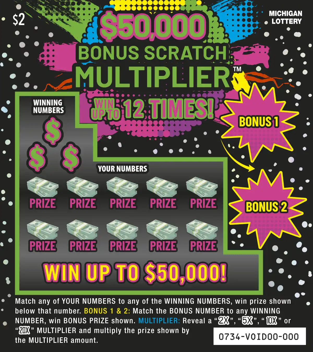 Michigan Lottery $50,000 Bonus Scratch Multiplier Scratch-Off Ticket