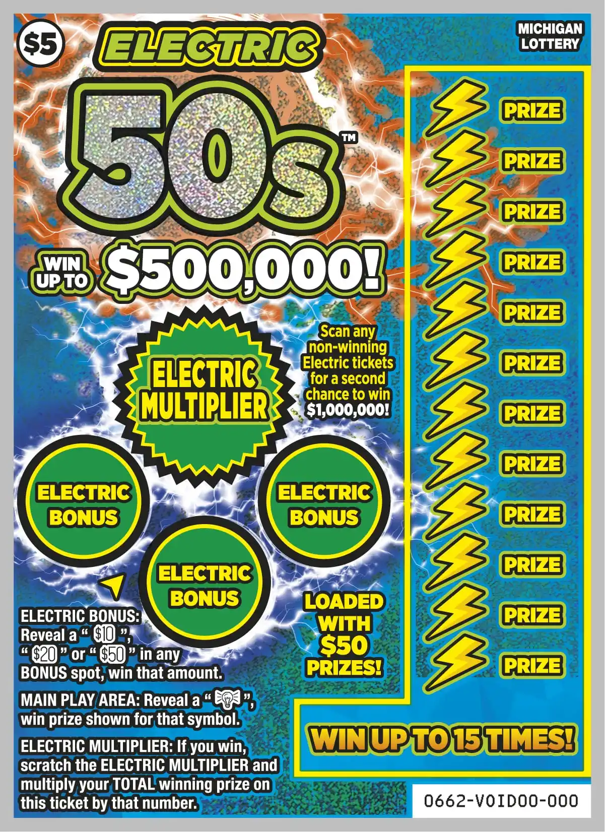 Michigan Lottery Electric 50s Scratch-Off Ticket