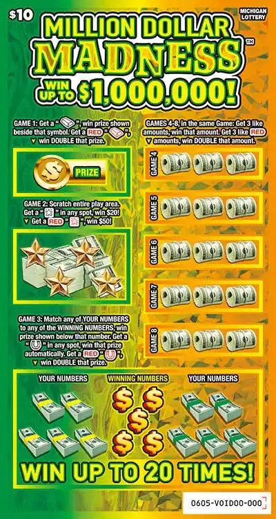Michigan Lottery Million Dollar Madness Scratch-Off Ticket