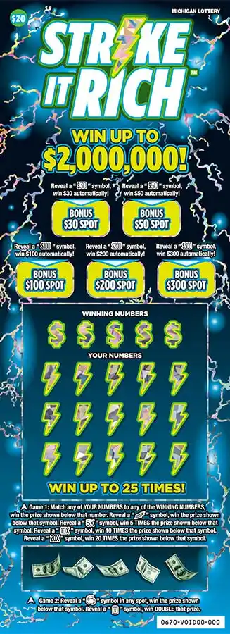 Michigan Lottery Strike It Rich Scratch-Off Ticket
