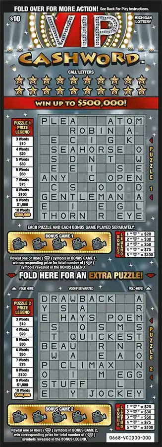 Michigan Lottery VIP Cashword Scratch-Off Ticket