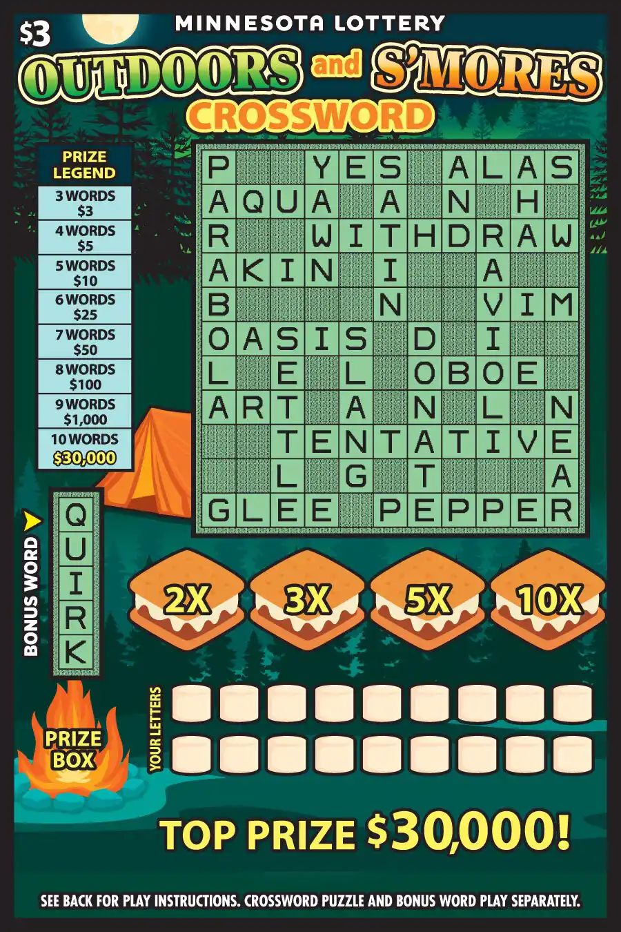 Minnesota Lottery Outdoors and S'mores Crossword Scratch-Off Game