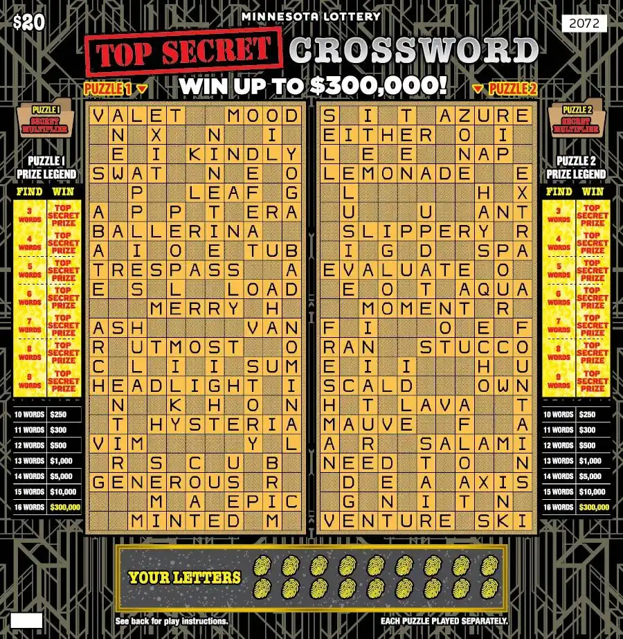Minnesota Lottery Top Secret Crossword Scratch-Off Game