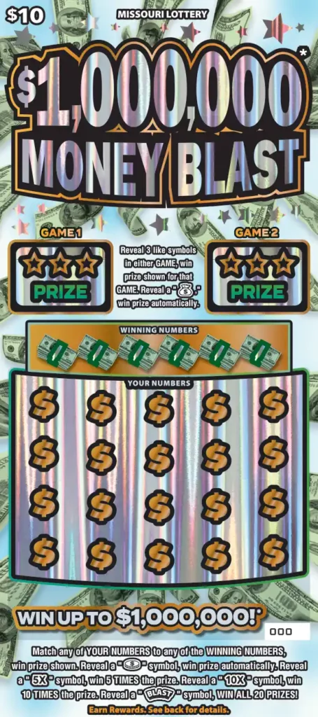 Missouri Lottery $1,000,000* MONEY BLAST Scratcher Ticket