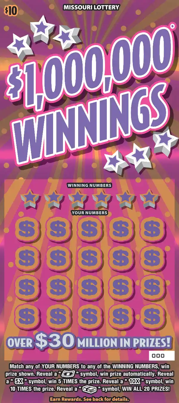 Missouri Lottery $1,000,000 WINNINGS Scratcher Ticket