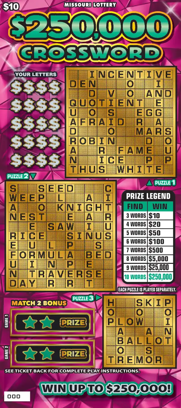 Missouri Lottery $250,000 CROSSWORD Scratcher Ticket