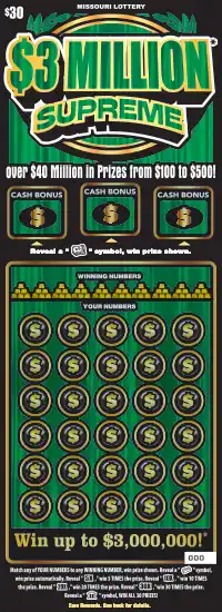 Missouri Lottery $3 MILLION* SUPREME Scratcher Ticket