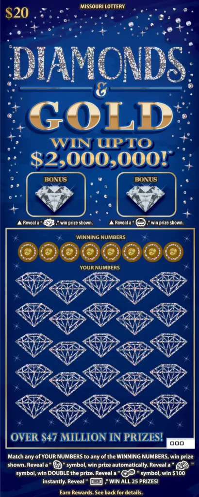 Missouri Lottery DIAMONDS & GOLD Scratcher Ticket