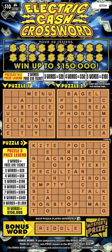 Montana Lottery Electric Cash Crossword Scratch-Off Game