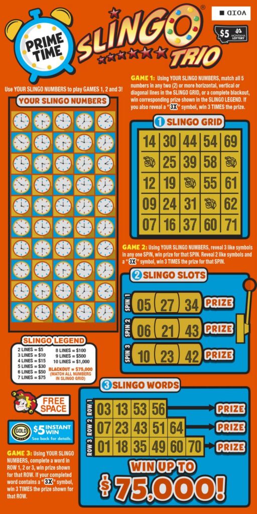 Montana Lottery Prime Time Slingo® Trio Scratch-Off Game