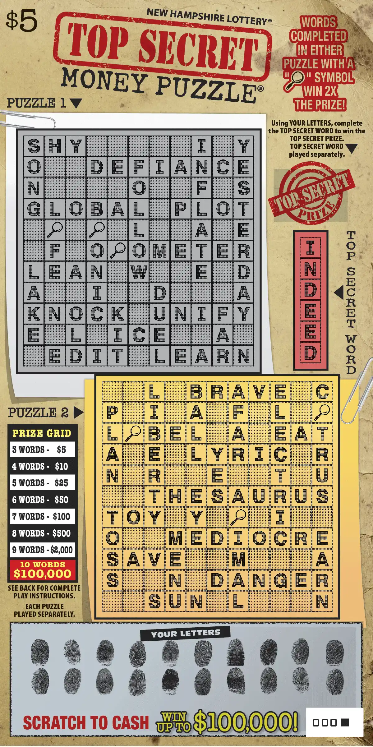 New Hampshire Lottery Top Secret Money Puzzle Scratch-Off Game
